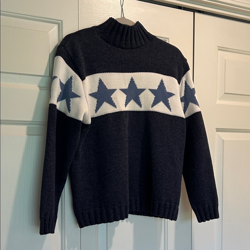 Blue and White Star Pattern Turtleneck Sweater 100% cotton